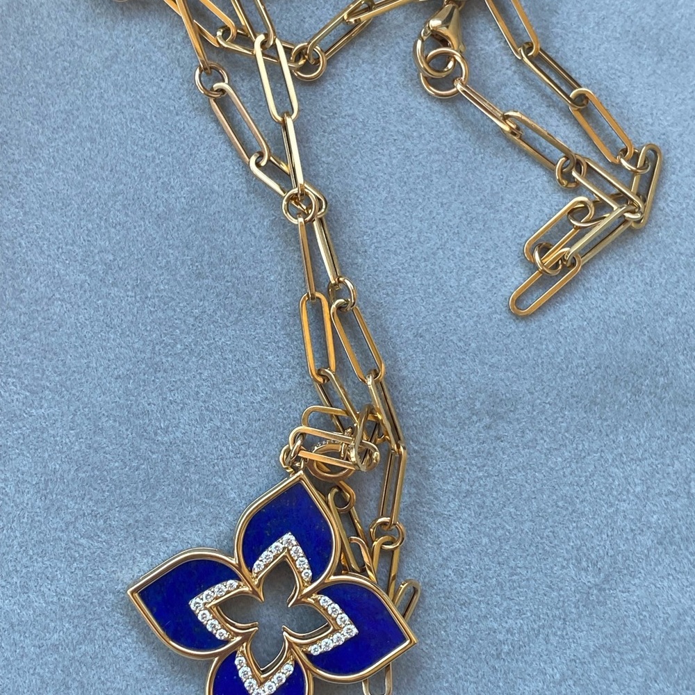 Roberto Coin Rose Gold Venetian Long Necklace with Large Lapis Diamonds pendant